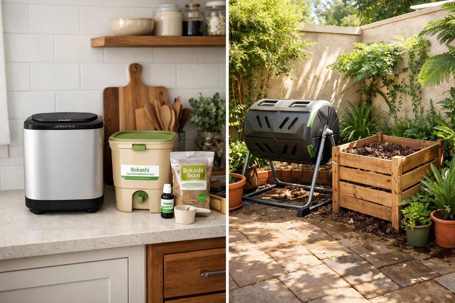 Compost starter tools: reencle prime, bokashi bucket kit, tumbler, traditional wooden bin to start home composting