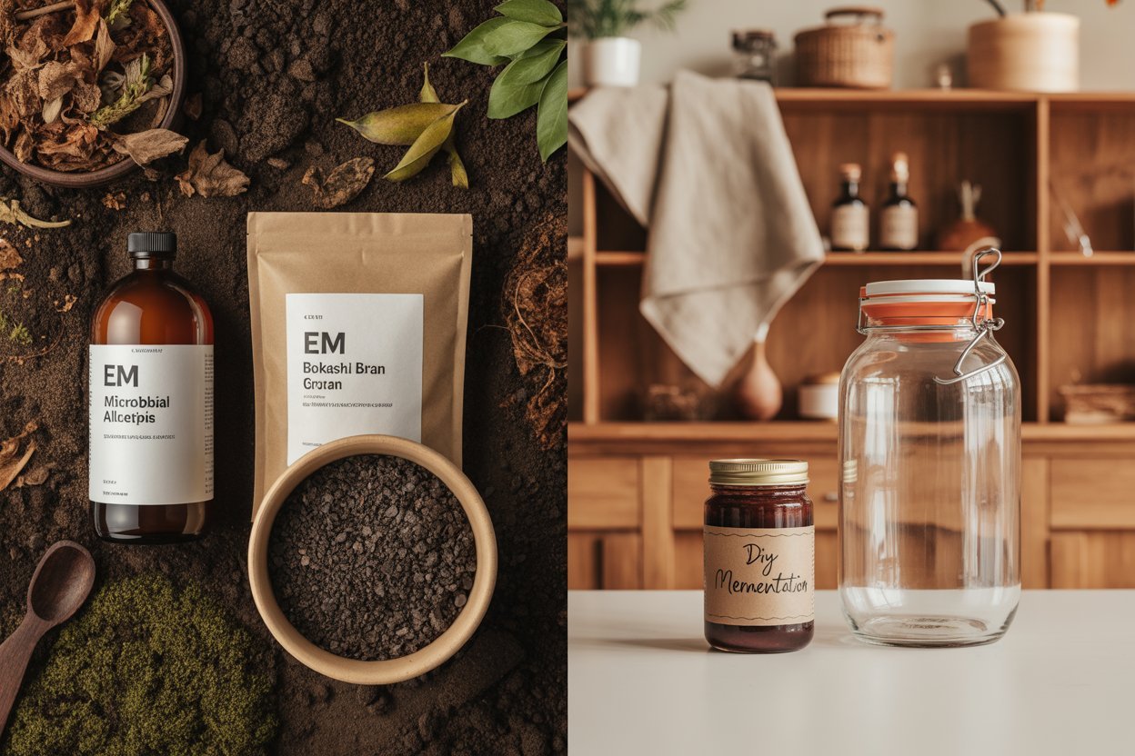 Compost microbial allies: em-1 concentrate, bokashi bran, molasses, fermentation jar to microorganism activity for compost