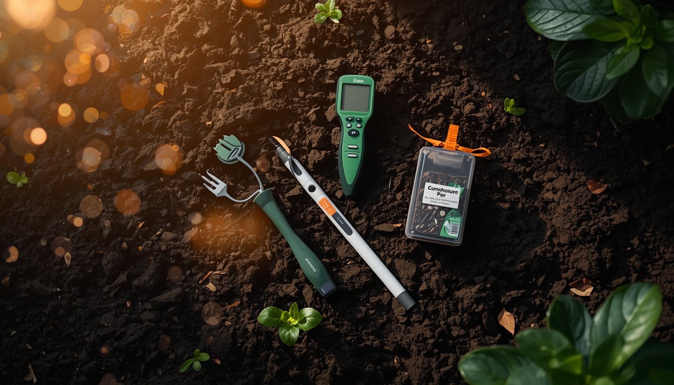 Four essential home composting tools including digital thermometer, soil moisture meter, pH tester, and seed starting kit arranged on compost soil for monitoring temperature, moisture, pH levels, and seed germination
