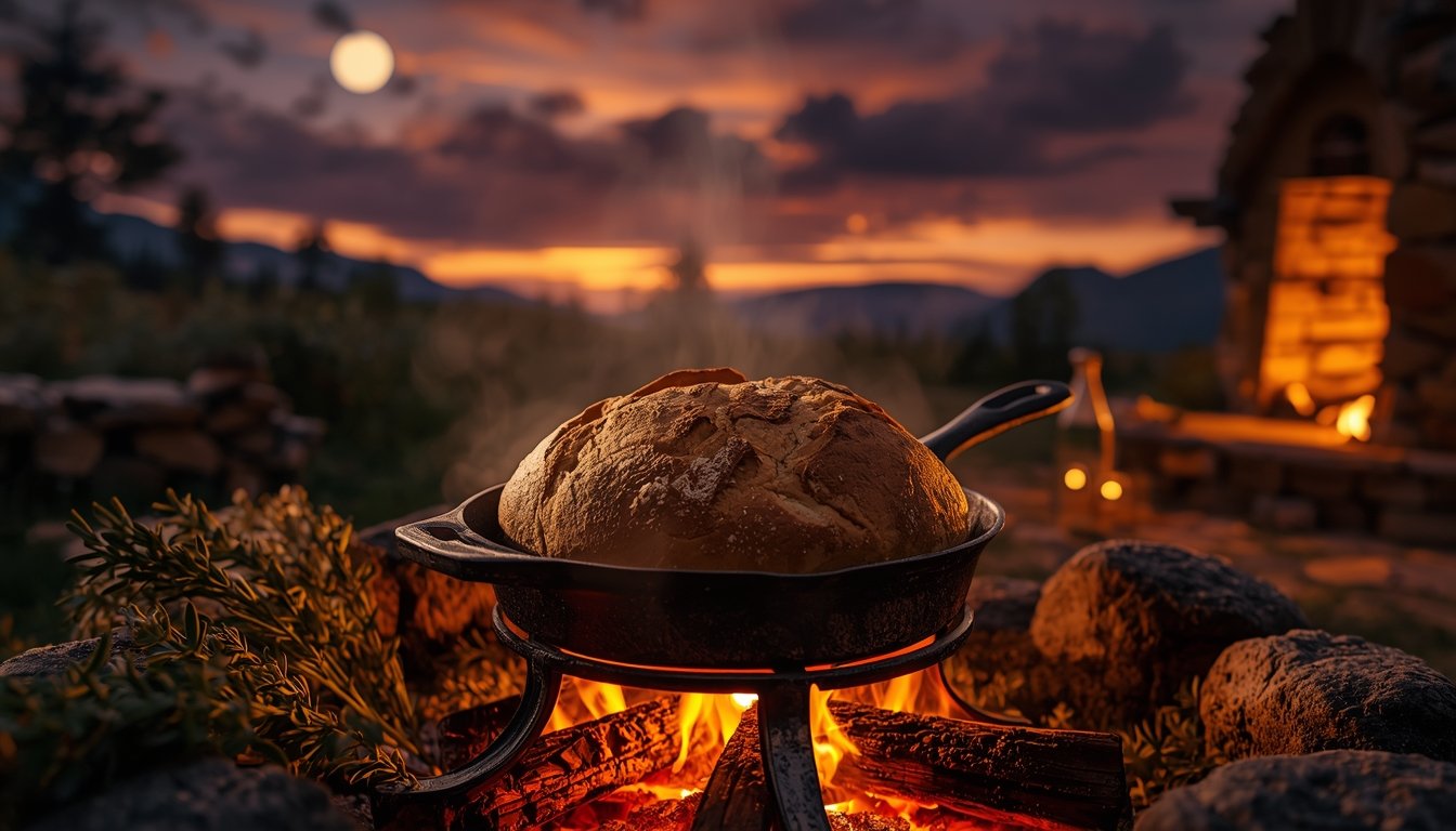 Caveman Cast Iron skillet cooking sourdough bread over firepit