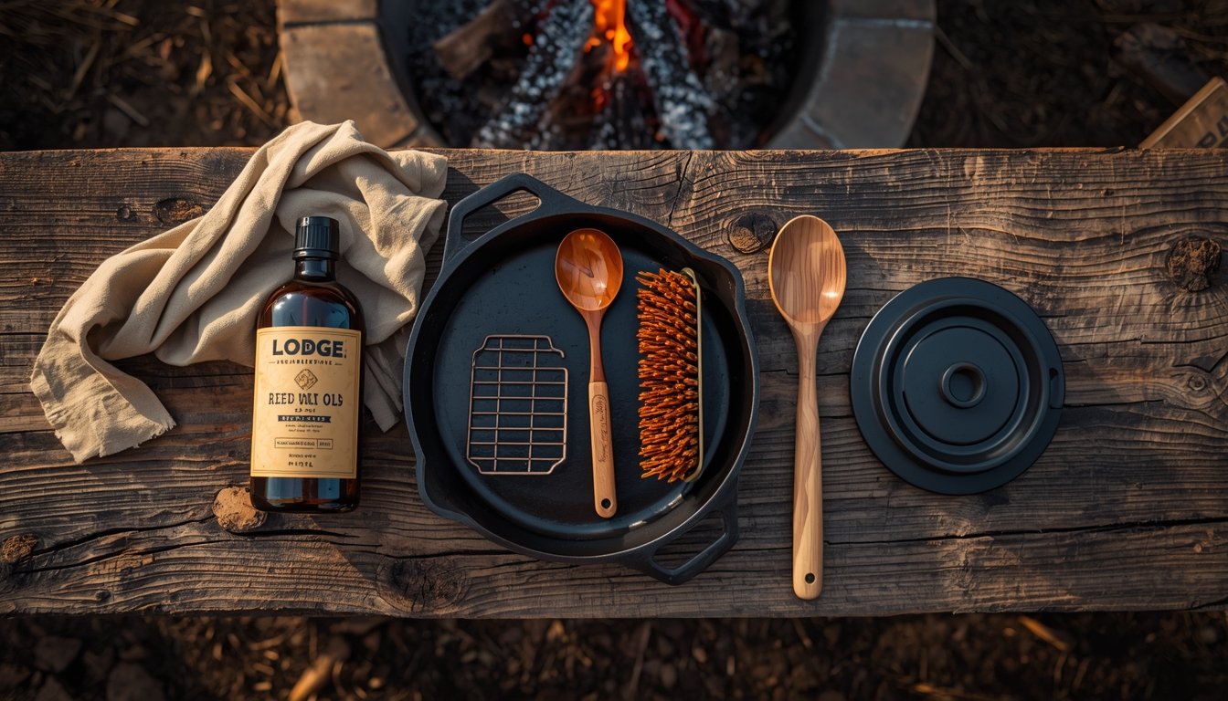 Cast Iron Accessories, seasoning spray, scrubber, flaxseed oil conditioner, copper wire brush, storage bag