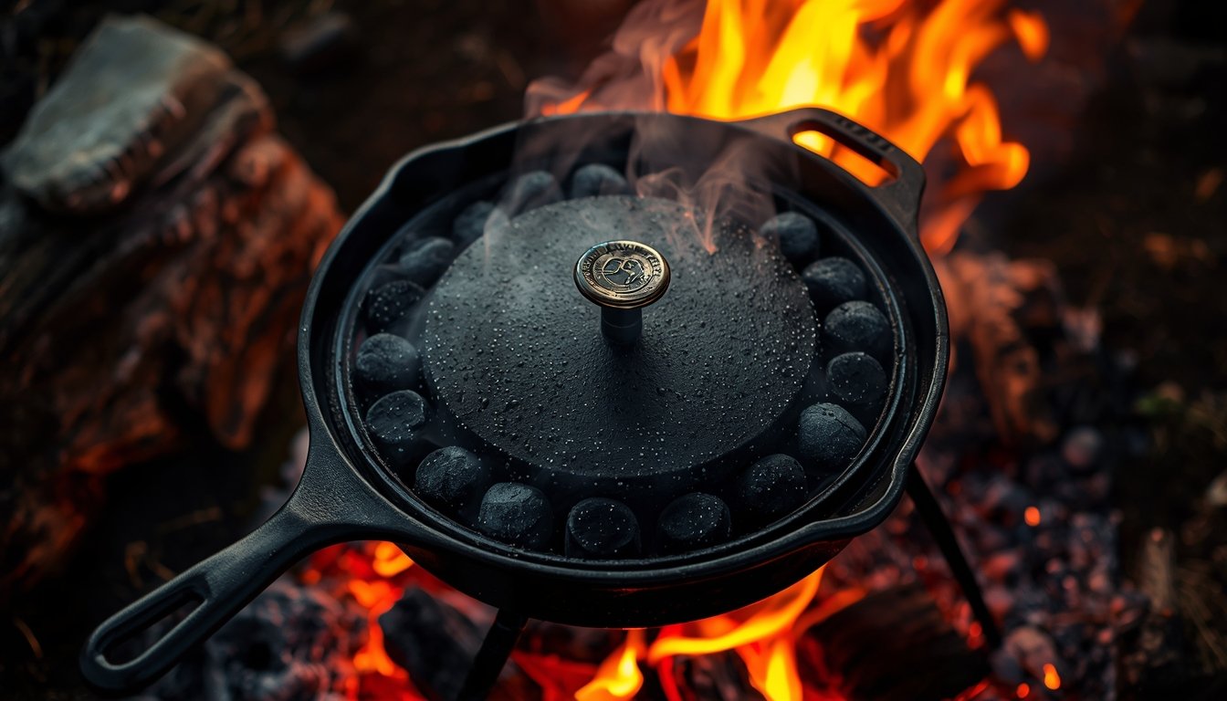 Lodge Cast Iron Combo Cooker with Skillet on bottom and Deep Pot on top, showing charcoal placement for pizza oven mode