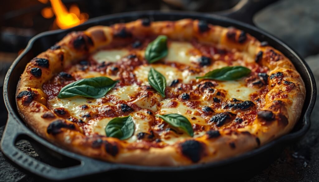 Pizzeria-quality pizza in Cast Iron Combo Cooker Skillet showing crispy, leopard-spotted crust from 700-900°F heat