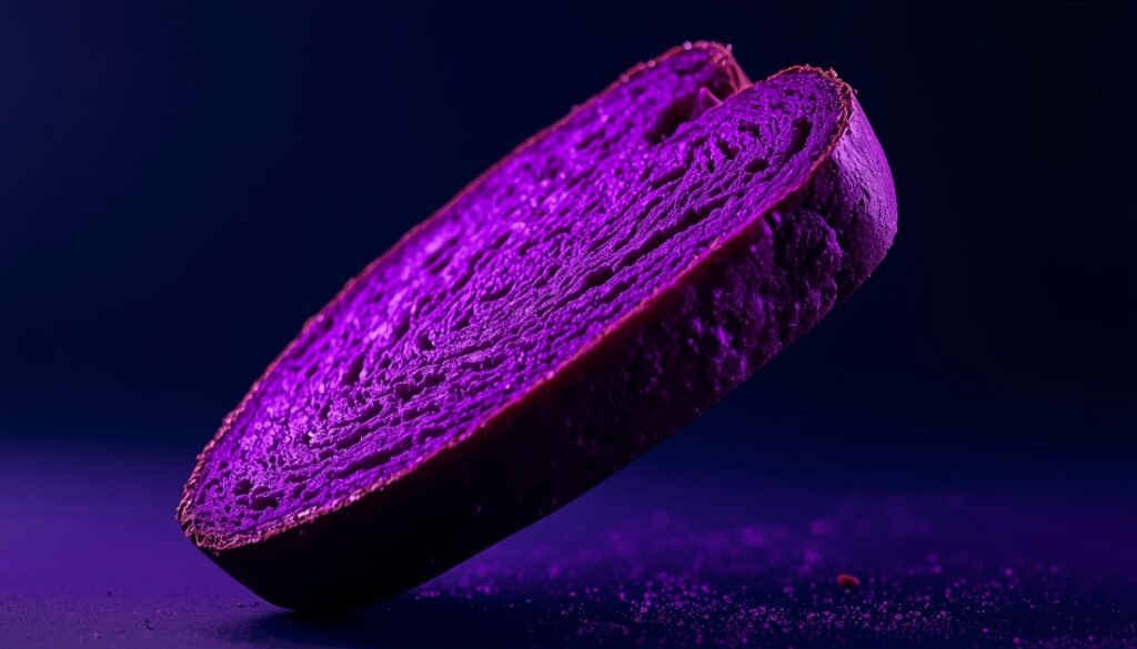 Purple Psyllium sourdough bread slice floating
