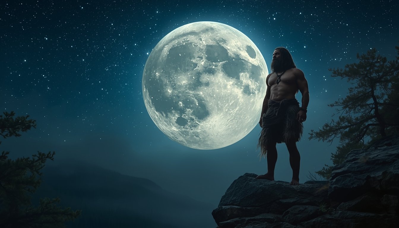 Caveman gazing at full moon under starry sky