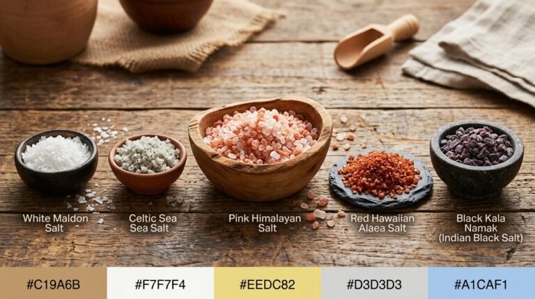 various ancient salt types including Himalayan pink, Maldon flakes, Celtic grey, Hawaiian red, Indian black salt