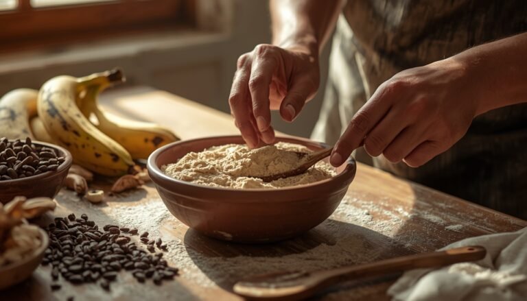 Step-by-step Caveman muffin mixing hands, bowl, natural light