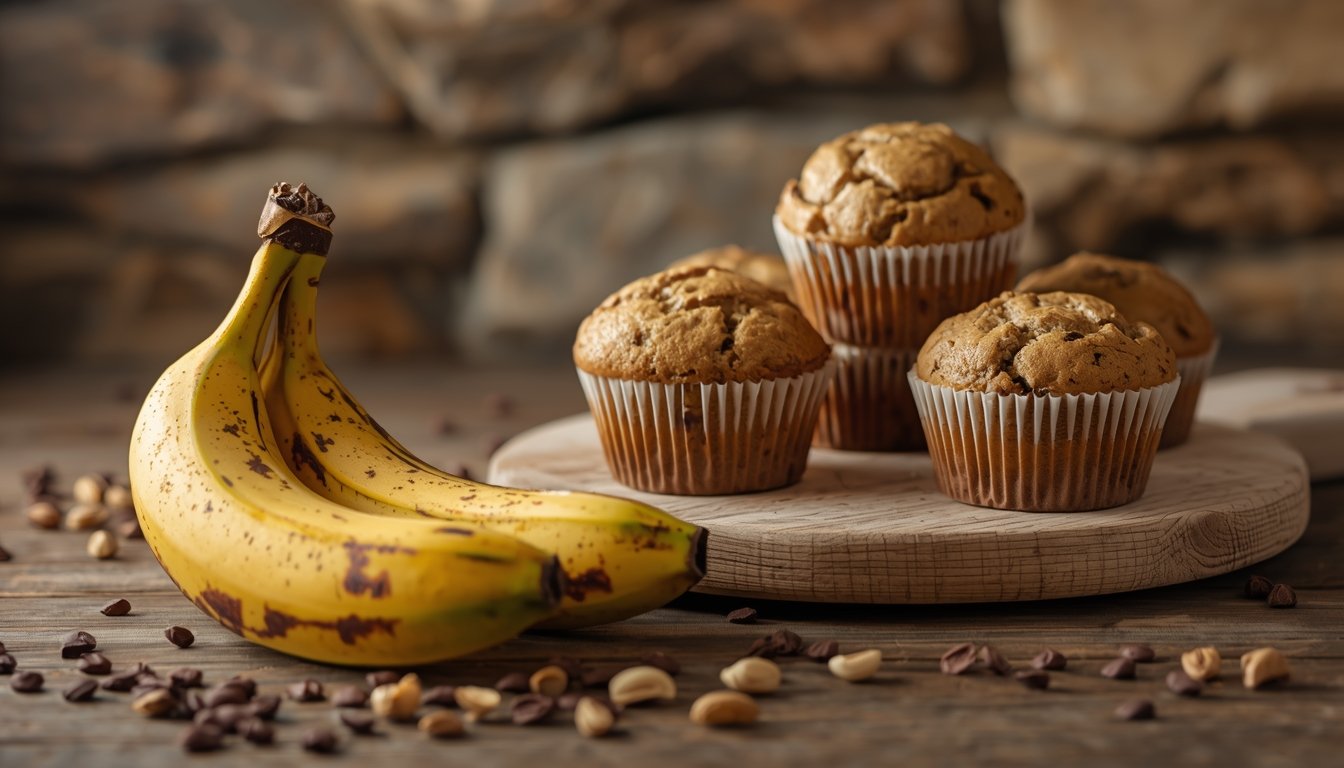 Caveman-style banana muffin on rustic wooden table with overripe bananas
