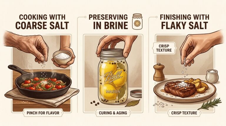 three purposes of salt demonstrated: cooking enhancement, preservation, finishing