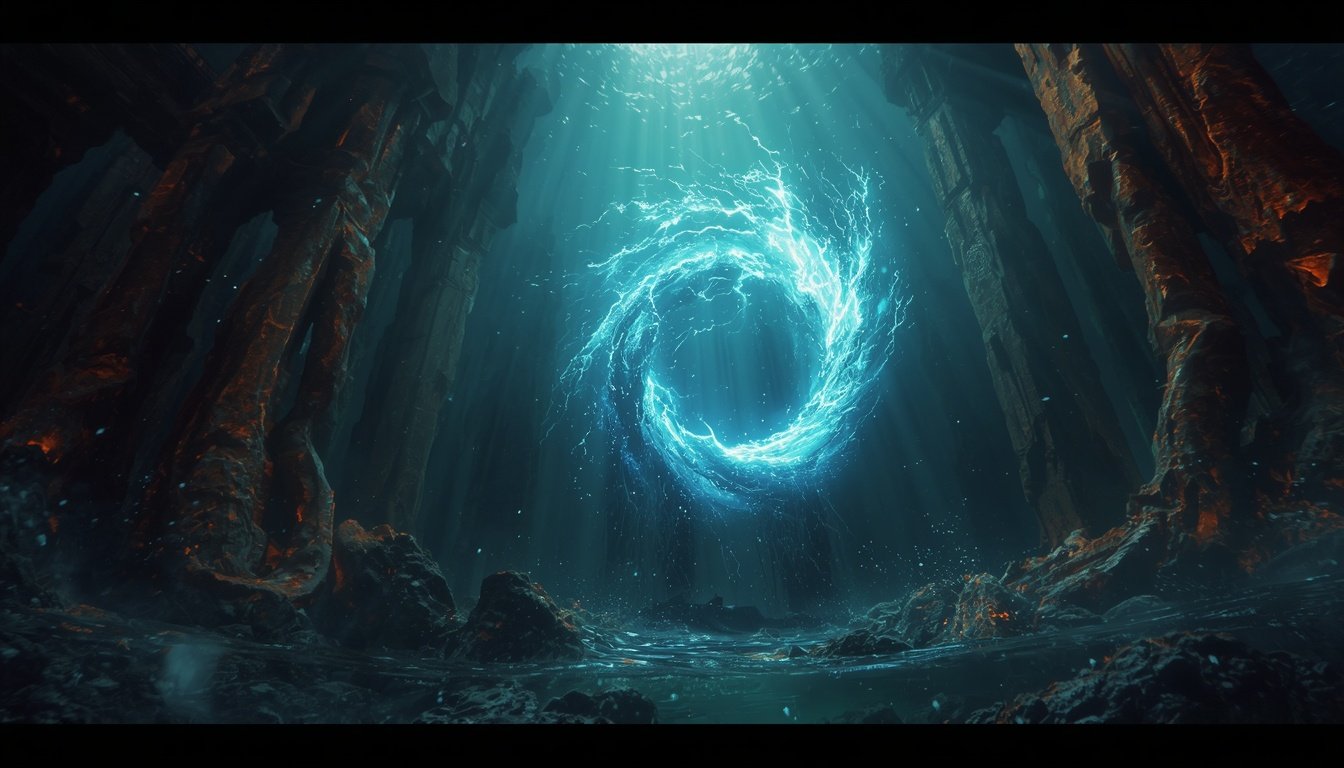 Illustration of ancient ocean with iron and oxygen sparks representing hydrogen peroxide history.