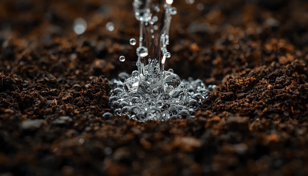 Bubbles forming in soil after hydrogen peroxide drench showing oxygen release for root rot treatment.