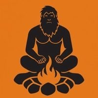 caveman chilling by fire pit